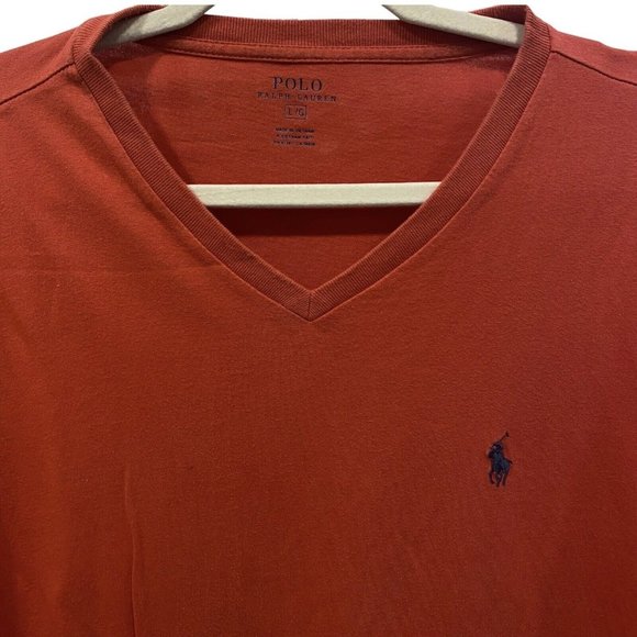 POLO RALPH LAUREN Men's Short Sleeve Solid RED V-Neck T-Shirt Blue Logo LARGE - Picture 2 of 4